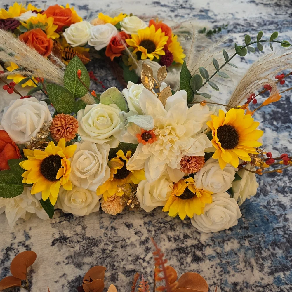 Autumn Sunflower & Rose Faux Floral Arrangement - Yellow, Orange, White